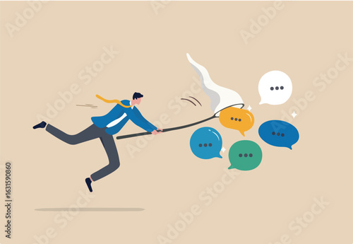 Requirement gathering, catch up meeting summary, client or customer opinion, conversation, effective communication or message and conversation concept, businessman catching dialog speech bubble.