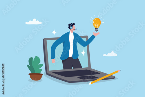 Customer service support or help desk to solve customer problem, assistant agent professional, online representative help customer solving problem, help desk staff talk on headset on computer laptop.
