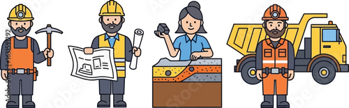 Illustration of mining workers with tools and a truck on a white background in a cartoon style