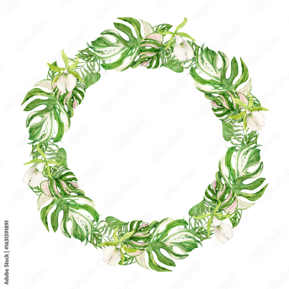 Naklejka premium Round frame with exotic sea lily, fox palm and monstera. Wreath with green orchid flower with white center. Watercolor illustration of tropical summer flower for wedding invitations. Save the date.
