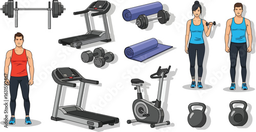Illustration of gym equipment and people wearing workout clothes on a white background setting