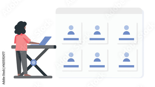 Person standing at a desk with a laptop and a screen with profile icons displayed on the right side