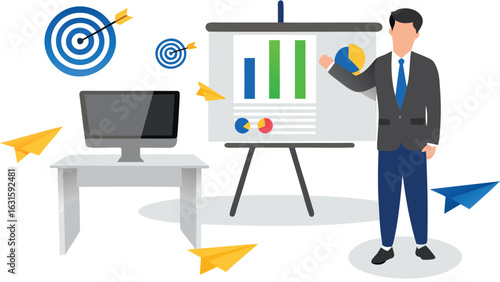 Presentation with a man standing next to a chart with targets and paper airplanes around the room scene