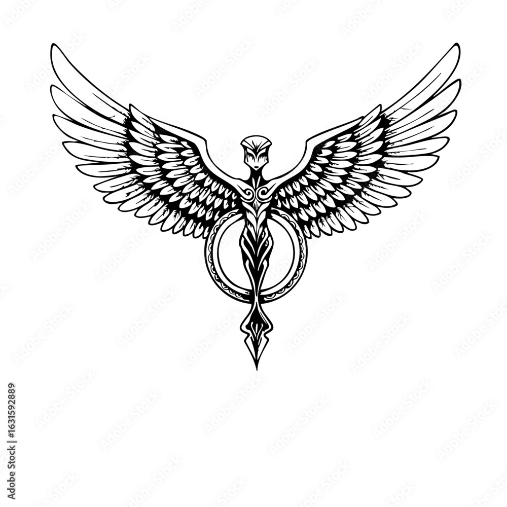 Obraz premium Black and white mystical figure with wings is depicted in this line art drawing, showcased for your enjoyment. Black and white drawing contains symbolic art,