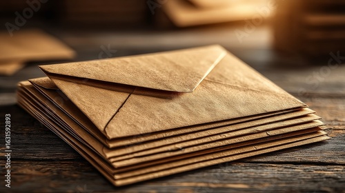 A stack of brown envelopes on a dark wooden surface with the top envelope open, revealing contrasting textures inside,