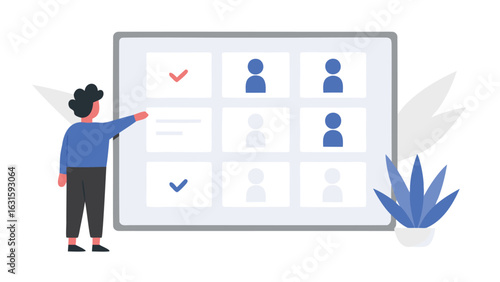Person pointing at a board with check marks and person icons in a grid arrangement displayed