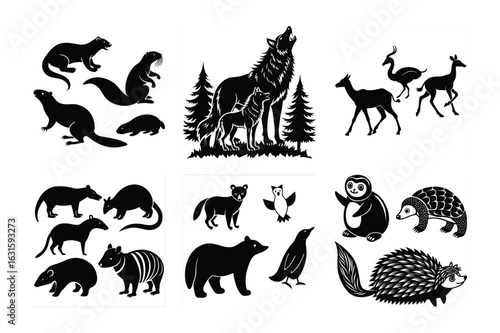A seamless pattern of tiny, detailed animal silhouettes, including birds, butterflies, and forest creatures, in monochrome tones,