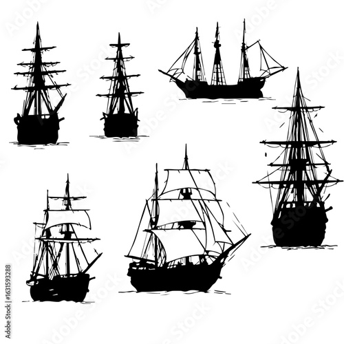 Collection of six sailing ships silhouettes. Detailed ink drawings of historical sailing vessels.  Elegant black and white illustrations of antique ships perfect for nautical themed designs.