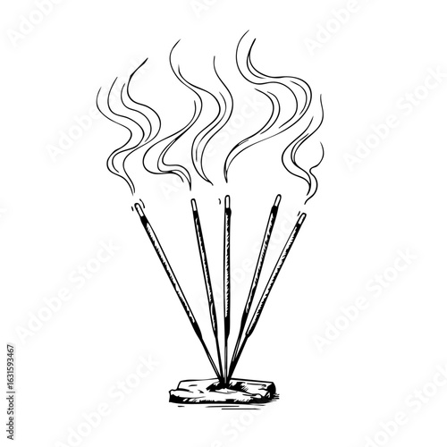 Incense sticks burning with aromatic smoke, creating a calming atmosphere.  Burning incense sticks on wooden holder produce fragrant smoke for meditation and relaxation.