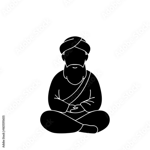 Guru Nanak Dev silhouette in black showing figure sitting in meditation, Guru Nanak Dev as a religious icon. Guru Nanak Dev is meditating, representing spiritual leadership and peace.