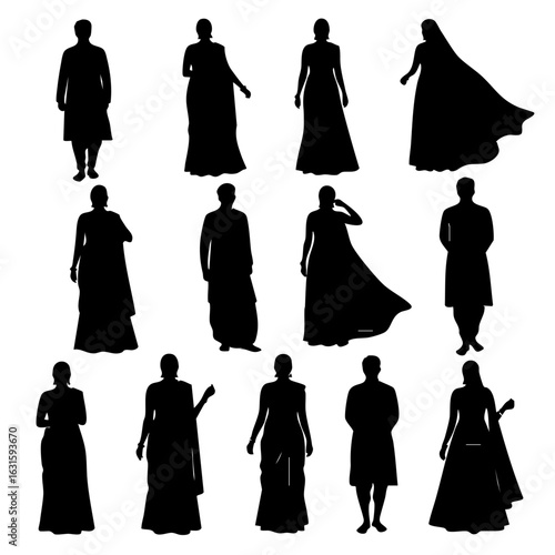 Indian silhouettes in black and white showcase cultural attire. Different Indian silhouettes of people wearing traditional clothing are displayed on a white background, conveying cultural identity.
