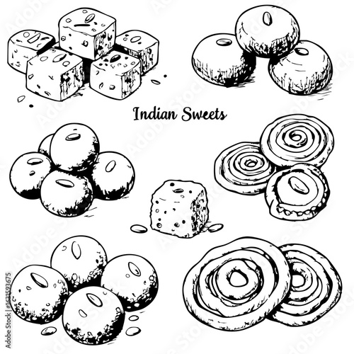 Indian sweets assortment illustrated, featuring barfi, laddu, and chandrakala. Indian sweets include traditional desserts popular during Diwali and other festive occasions.