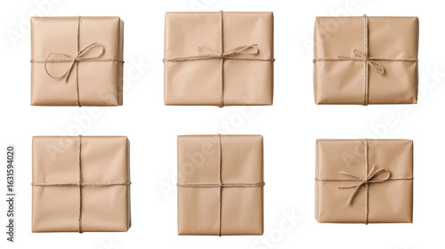 Six neatly wrapped brown paper packages tied with string, showcasing rustic and eco friendly gift wrapping style