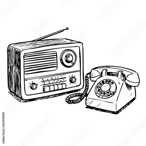 Image effects shows vintage radio and telephone in black and white sketch. Image effects bring out old communications, showcasing radio with antenna and rotary phone.