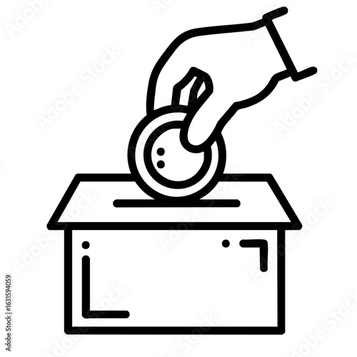 Donation box with hand putting coin in, outline design. Giving donation, a symbol of generosity and support, represented by money and hand. This donation box image emphasizes giving and fundraising.