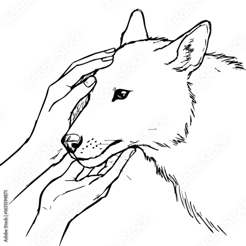Animal affection illustrated, showcasing gentle human hands caressing a dog's head with care. Image of animal affection highlights companionship and trust.