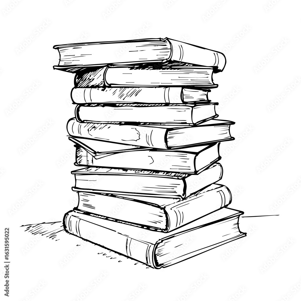 Fototapeta premium Stack of books displayed in ink sketch for Image FX. Stack of books shown with visible pages and covers, for visual effects in publishing, or to convey knowledge.