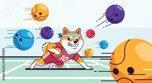 Cartoon dog athlete in action, throwing colorful balls in a fast-paced sport.