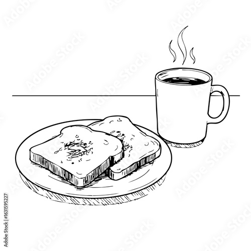 Simple breakfast illustration with steaming coffee and sliced bread on plate, representing early morning routine. Simple breakfast sketch conveys warmth and comfort for food blog content.