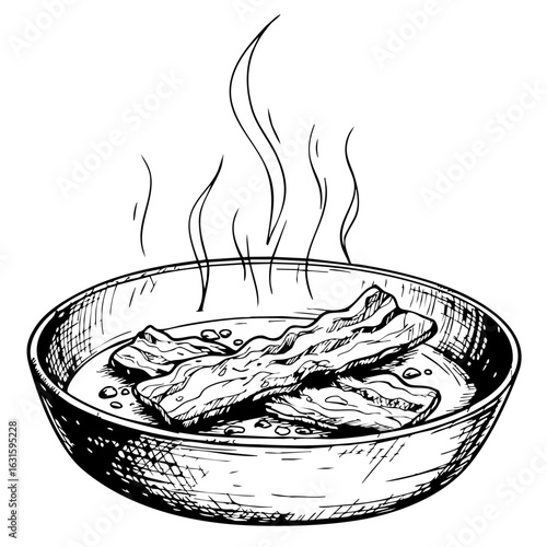 Illustration of bacon frying in a pan, crispy bacon sizzling. Frying bacon generates satisfying sound and tempting aroma, capturing essence of breakfast and home cooking. Representing Image FX,