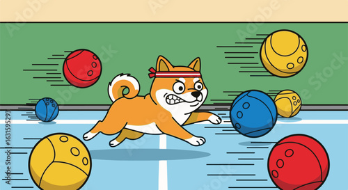 A cartoon Shiba Inu dog energetically chasing colorful bowling balls in a sports arena.