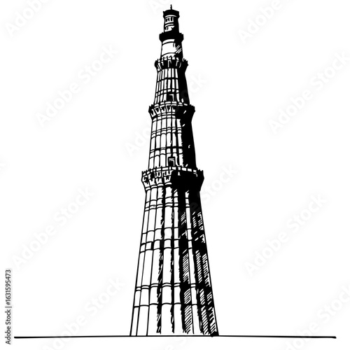 Qutub Minar architectural sketch. Tall minaret illustration shows detailed structure. Qutub Minar drawing is perfect for travel brochures and tourism websites.