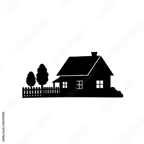 Isolated silhouette house illustration features a silhouette house, simplistic in design, with fence and tree elements. Silhouette house is ideal for architectural projects, construction plans,