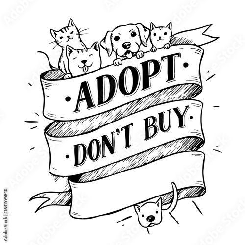 Adopt don't buy, animals adoption banner design featuring cats and dogs on ribbon scrolls. Adopt don't buy, promoting rescuing pets for caring and companionship.