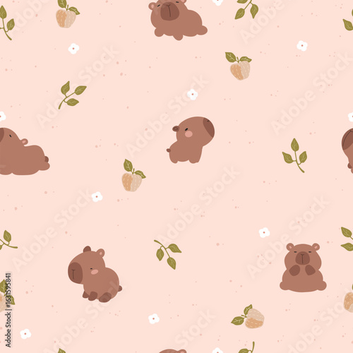 Seamless pattern with capybara, flowers, apple and leaves. Vector illustration with hand drawn animals and fruits.