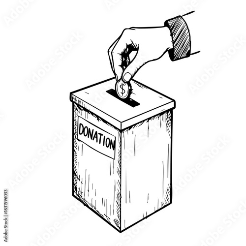 Hand dropping coin into donation box in vintage sketched style. Donation box illustration represents charity and support, contribution concept with a hand adding money to help others.