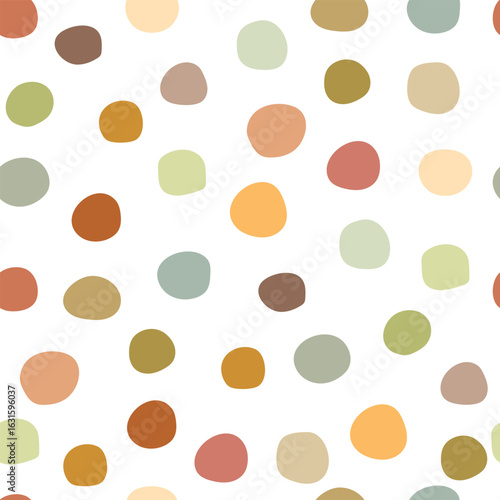 Pattern with big colorful polka dots on white nackground, seamless pattern. Vector illustration for wrapping paper, fabric clothes.	
