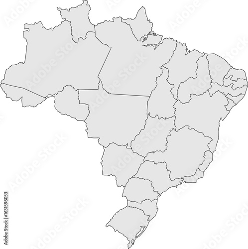 Clean, minimalist gray outline map of Brazil with all state boundaries. Ideal for educational content, data visualization, or professional presentations