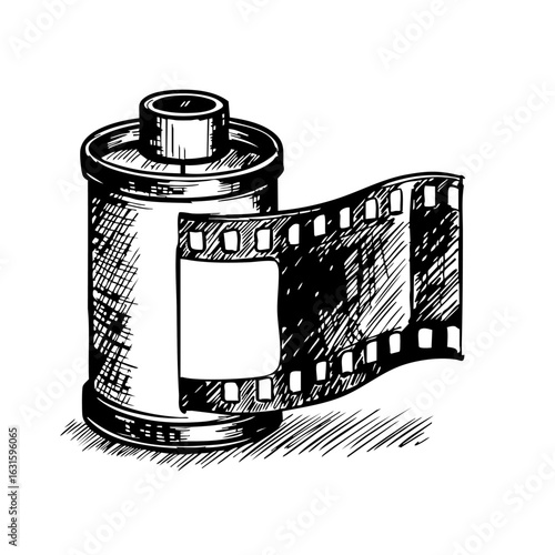 Drawing film roll, black and white illustration showcases vintage photo film roll. This vintage photo film roll graphic represents old-school photography and a tangible medium.
