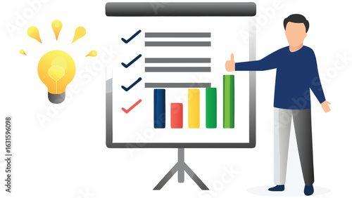 Presentation board with checkmarks bars and presenter next to a bright idea light bulb on a white background