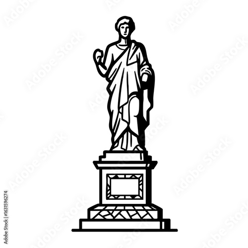 Standing statue in black and white with classic robe and raised hand on base. Decorative statue with draped clothing showcases historical influence for art enthusiasts and design projects.