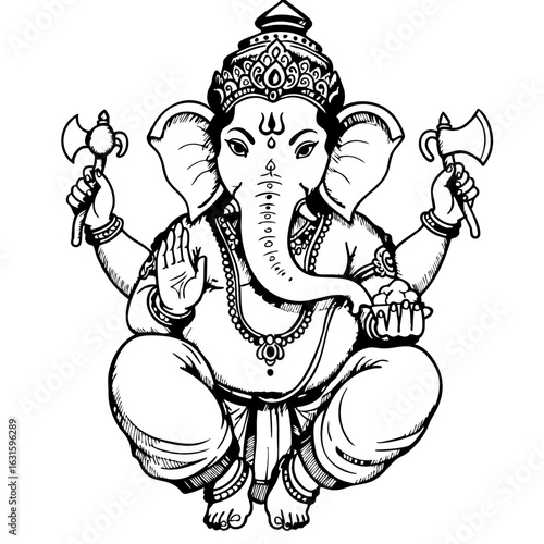 Black and white Ganesha illustration of Hindu deity with ornate details. Detailed Ganesha illustration in monochrome showcases spiritual significance and symbolism of remover of obstacles.