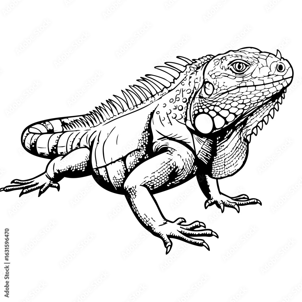 Obraz premium Large iguana in a detailed black and white drawing, showcasing its textured skin and distinctive features. This iguana stands out with its spiky crest and powerful build.