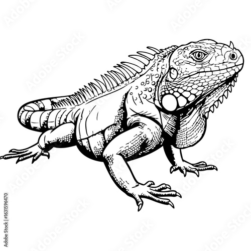 Large iguana in a detailed black and white drawing, showcasing its textured skin and distinctive features. This iguana stands out with its spiky crest and powerful build.