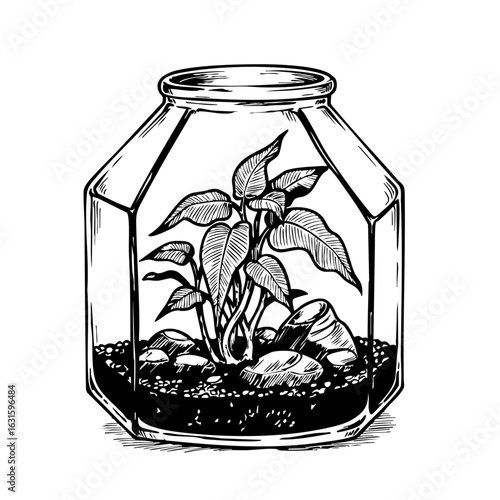 Ornamental plant in terrarium inside glass polygonal pot. Ornamental plant is a decorative element for interior design. Conceptual ornamental plant for terrarium is perfect as decoration for home,