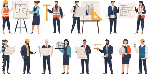 Group of diverse architects and engineers presenting building plans and architectural models on white background