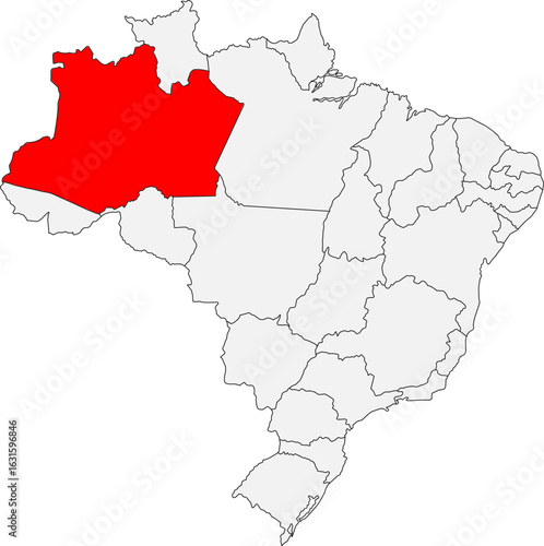 Map of Brazil highlighting the Amazonas state. Ideal for geographic studies, environmental projects, and content related to the Amazon rainforest