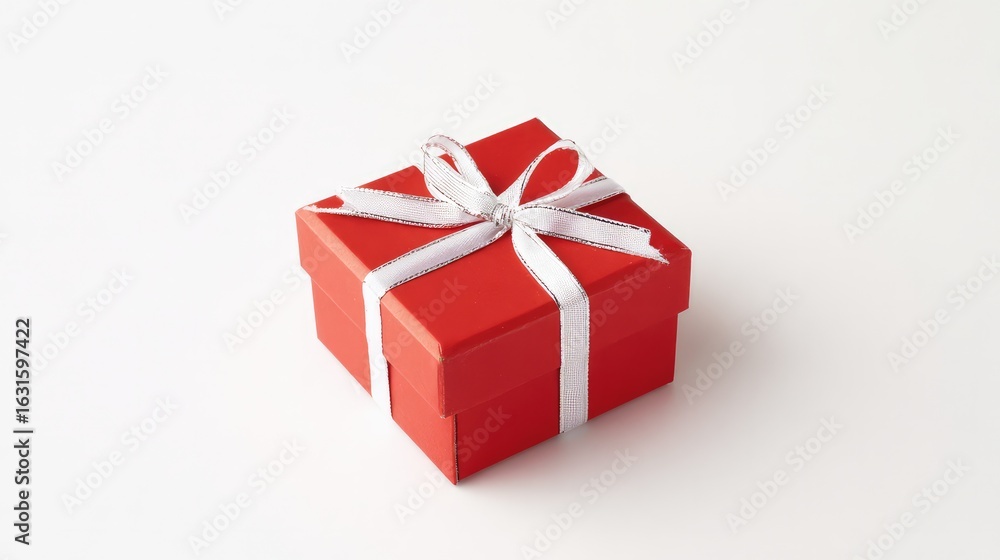Obraz premium Red gift box with white ribbon and bow, centered product shot on clean background.