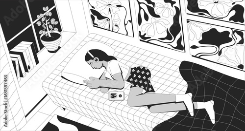 Sleepy lofi girl listening to music in artistic bedroom illustration outline. Young woman curled up in bed with headphones 2D ink linear flat lo fi drawing. Vector line art aesthetic wallpaper