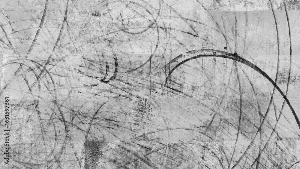 Fototapeta premium Aerial view car tire marks abstract street road background with black tire marks on race track, Texture and background car automobile and automotive skid tire marks.