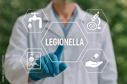 Legionella test medical concept. Legionella pneumophila bacteria in human lungs diagnosis.