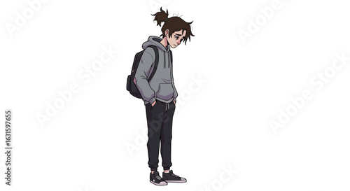 Young male student with a backpack and hoodie looking down. Full body illustration conveying sadness or introversion isolated on white.