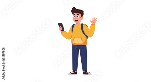 A young student in a yellow hoodie expressing shock and disbelief while looking at his smartphone. Vector character illustration on a white background.