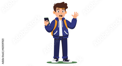 A shocked cartoon student boy with a backpack looking at his smartphone in disbelief. Vector illustration of a young man reacting to bad news.