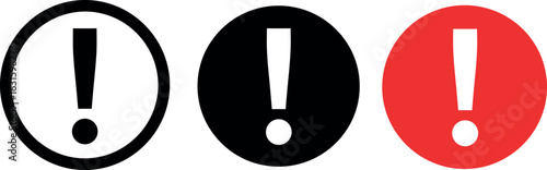 Exclamation mark icon set, warning signs, attention symbols, black, white and red circle graphics for alert, caution, danger, notification designExclamation mark 