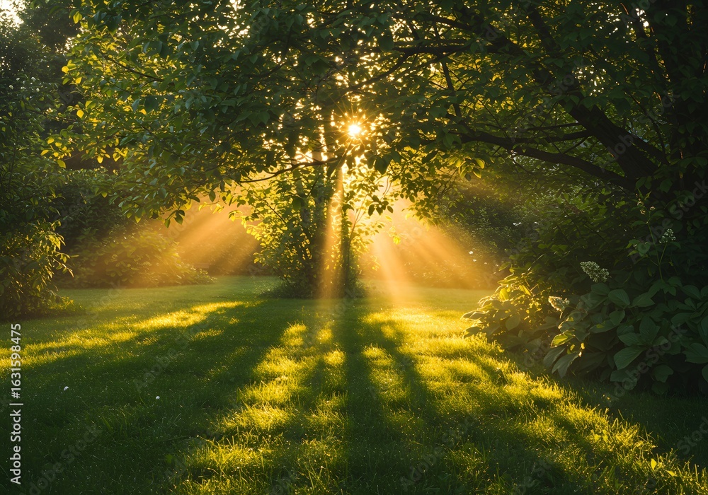 Serene Golden Sunlight Beaming Through Lush Green Trees and Grass, Nature's Beauty, Peaceful Landscape Serene Golden Sunlight Beaming Through Lush Green Trees and Grass, Nature's Beauty, Peaceful Landscape
